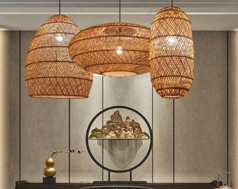 Luminária pendente de bambu trançado à mão, rattan, bambu, decoração para cozinha, sala de estar, luminárias pendentes internas, luminárias LED, lustre vintage