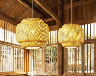 Luminária pendente moderna de bambu trançado à mão, vime, bambu, decoração para cozinha e sala de estar, luminárias LED, lustre vintage
