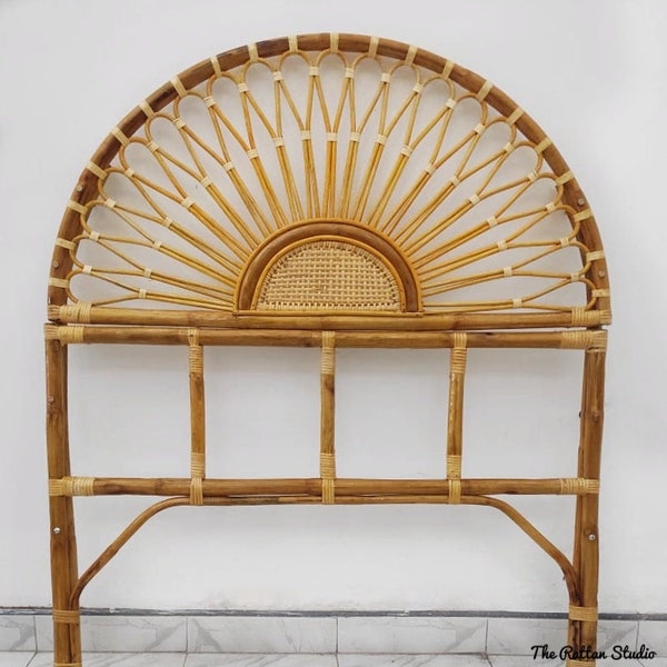 Handmade Rattan Floral Design Half moon BedHead Rattan Half moon Handcrafted Headboard Wicker Master Bedroom Furniture Decors