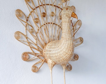 Handmade Wicker Peacock Head Wicker Wall Decor Kids Room Peacock Nursery Hanging Rattan Peacock Decor Wicker Animal Decor