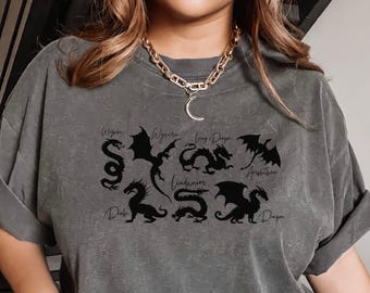 Fantasy Dragons Comfort Colors Tee | Different Types of Dragons Shirt | Fantasy Book Lover & DnD Gift | Dragon Lover T-Shirt for Readers