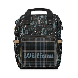 Personalized Woodland and Plaid Diaper Bag Backpack | Custom Diaper Bag | Baby Boy | Blue Baby Shower Gift | Baby Bag | Woodland Nursery