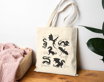 Dragon Lover Canvas Tote Bag | Fantasy Creature Art Tote | Mythical Dragon Types Book Bag for Readers, Gamers & Cosplayers