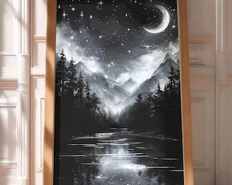 Crescent Moon Mountains and Stars Midnight Poster | Fantasy Wall Art for Readers | Celestial Bookish Decor | Night Sky Print