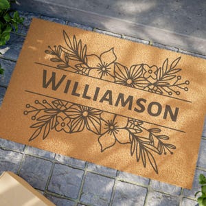 Personalized Floral Doormat | Customizable Botanical Welcome Mat | New Home Gift | Housewarming