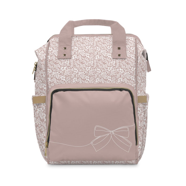 Kokette Windeltasche | Windelrucksack | Windeltasche Mädchen | Blumen-Windeltasche | Bögen | Weiche rosa Babytasche Bild 1