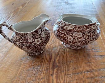 Vintage Brown Calico Creamer and Sugar Bowl