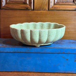 May include: A light green ceramic planter with a scalloped rim and vertical ribbed sides. The planter has a speckled finish and sits on three small feet. The background features a wooden cabinet and a blue surface.
