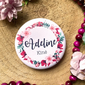 Personalized Fuchsia Flower Crown Badge. Pink Flower Name Badge.