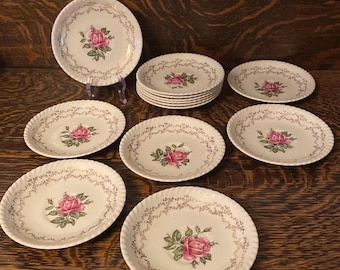 Set Of 6 Antique British Empire Ware 22K Gold Floral Rose Saucer Plates