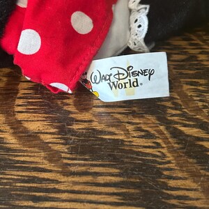 Pu&ograve; includere: Primo piano di un peluche di Minnie Mouse. Il giocattolo presenta un fiocco rosso a pois bianchi, un bordo in pizzo bianco e un'etichetta con la scritta "Walt Disney World."
