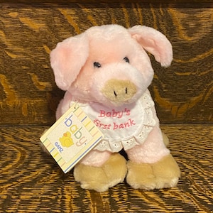 Vintage Baby Ganz Piggy Bank “Baby’s First Piggy Bank” Pink Pig Plush Bank - Baby Shower Gift - Nursery Room Decor