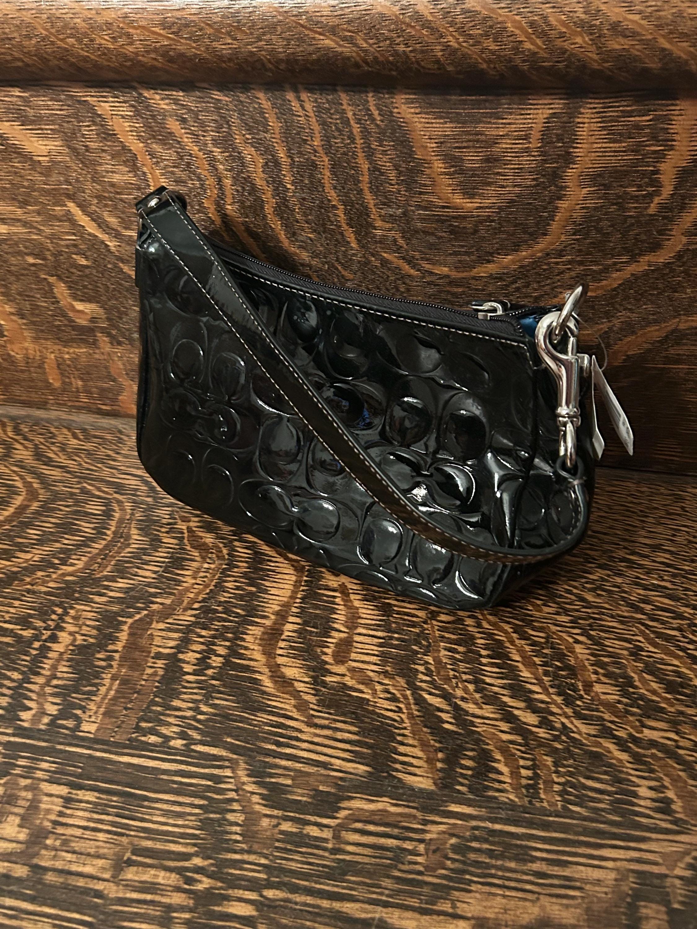 COACH Top Handle Embossed Signature Black Patent Leather Pleated