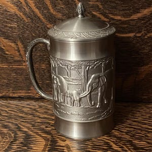 Vintage Thailand Pewter Stein Mug Embossed Elephants Design Metal Drinkware Rare Royal Thiasberg 97% Tin Tankard