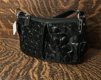COACH Top Handle Embossed Signature Black Patent Leather Pleated