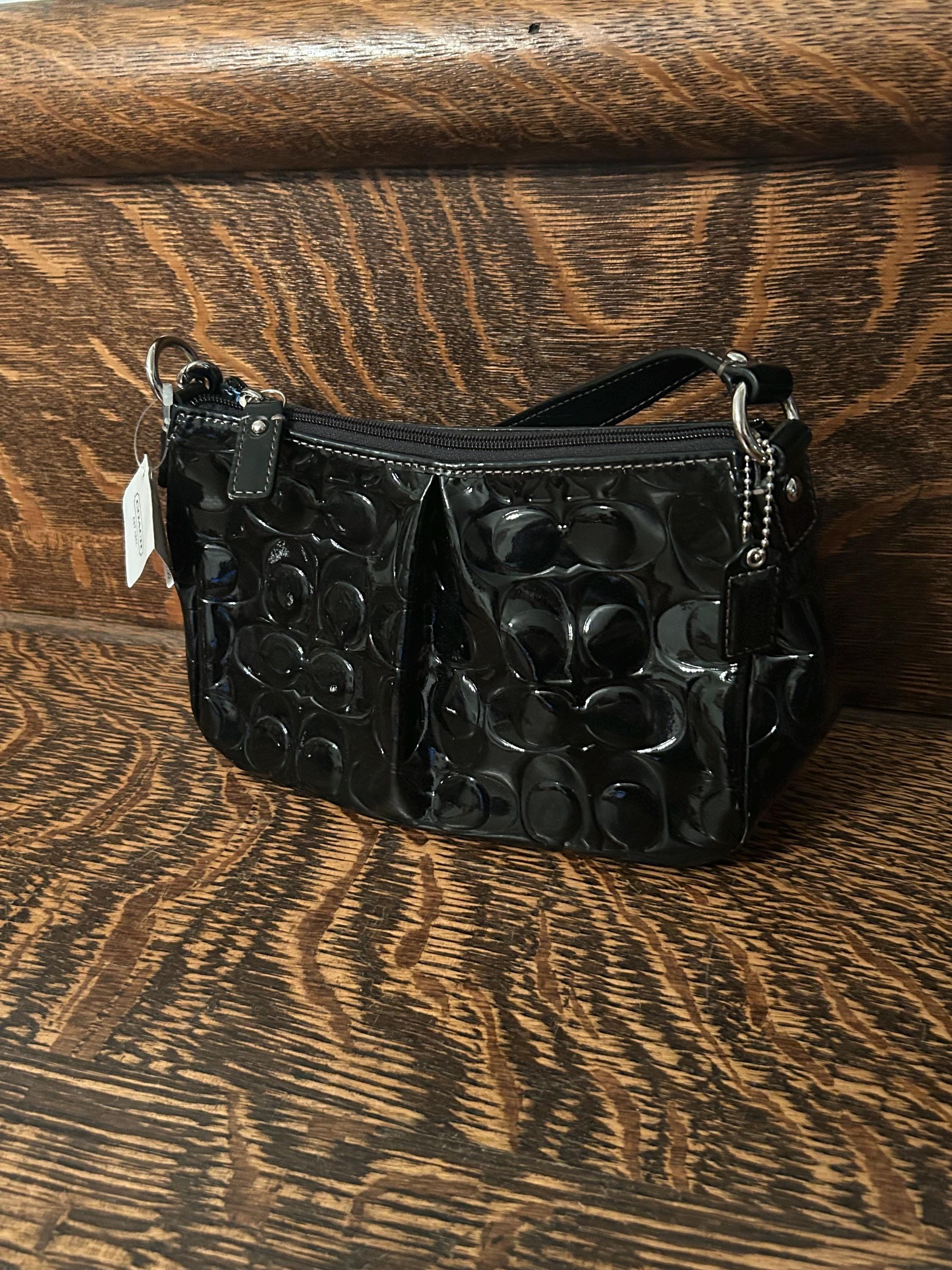 COACH Top Handle Embossed Signature Black Patent Leather Pleated