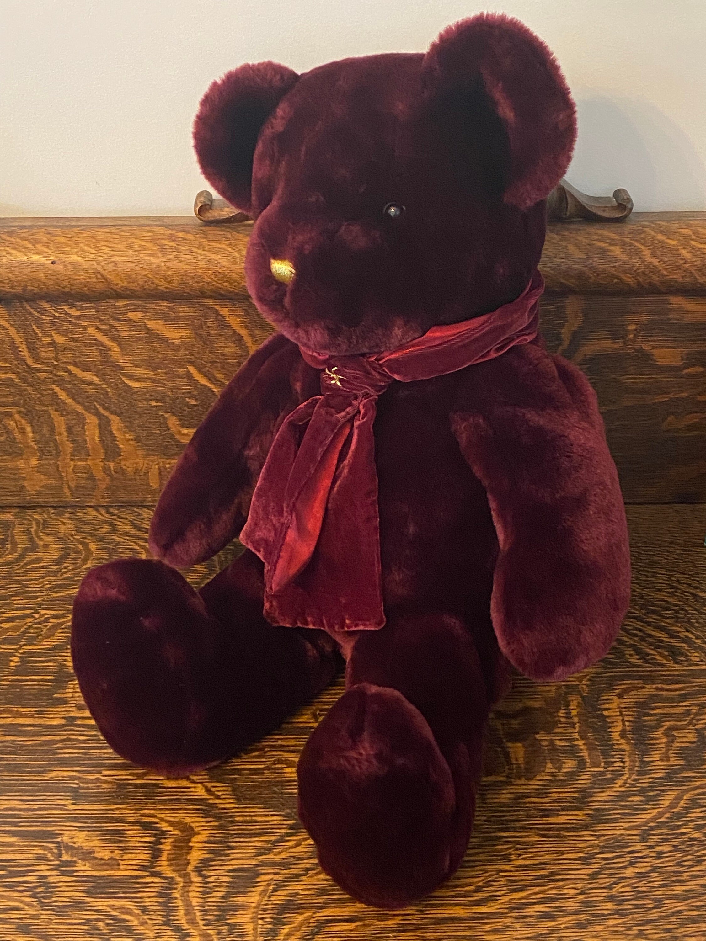 Rare Vintage Christmas Teddy Bear Jumbo Cranberry Velvet Plush Toy