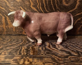 Vintage Porcelain Bull Sculpture Midcentury Brown & Cream Bovine Farmhouse Decor