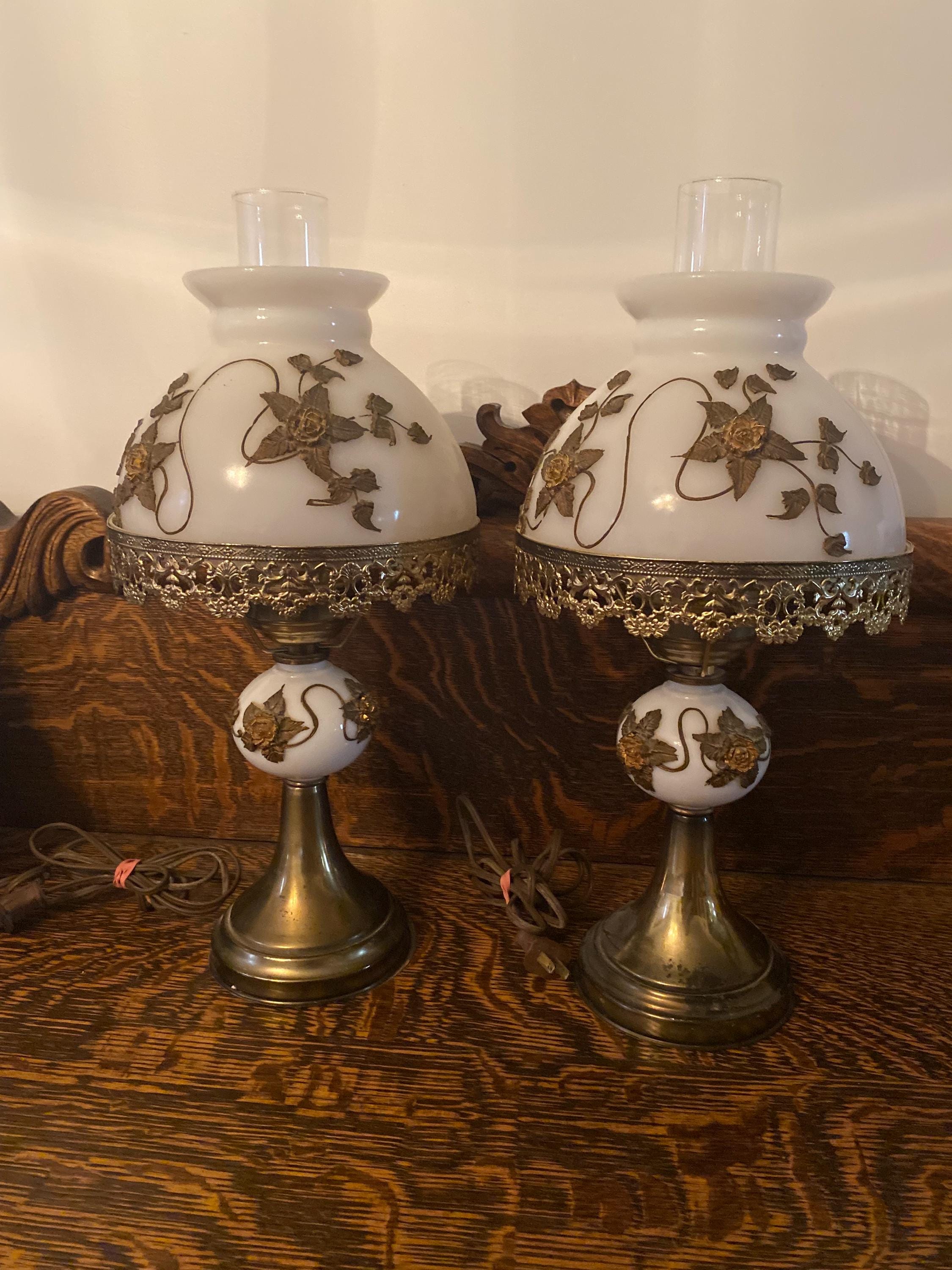 Vintage GWTW Milk Glass & Brass Floral Motif Hurricane Table Lamps