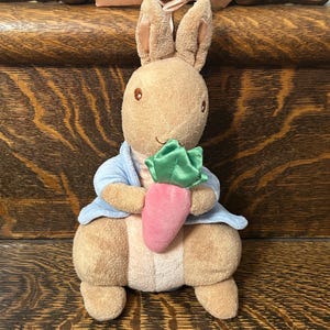 Könnte beinhalten: Ein Plüschtier eines Kaninchens, das eine blaue Jacke trägt und eine rosa Karotte mit grünen Blättern hält. Das Kaninchen hat braunes Fell, lange Ohren und braune Augen. Ein rosa Band ist um die Ohren gebunden.