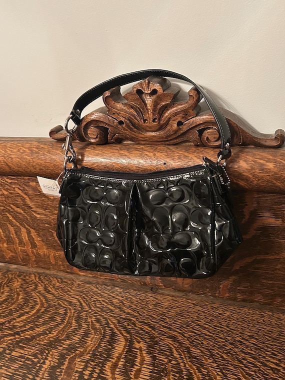 COACH Top Handle Embossed Signature Black Patent Leather Pleated