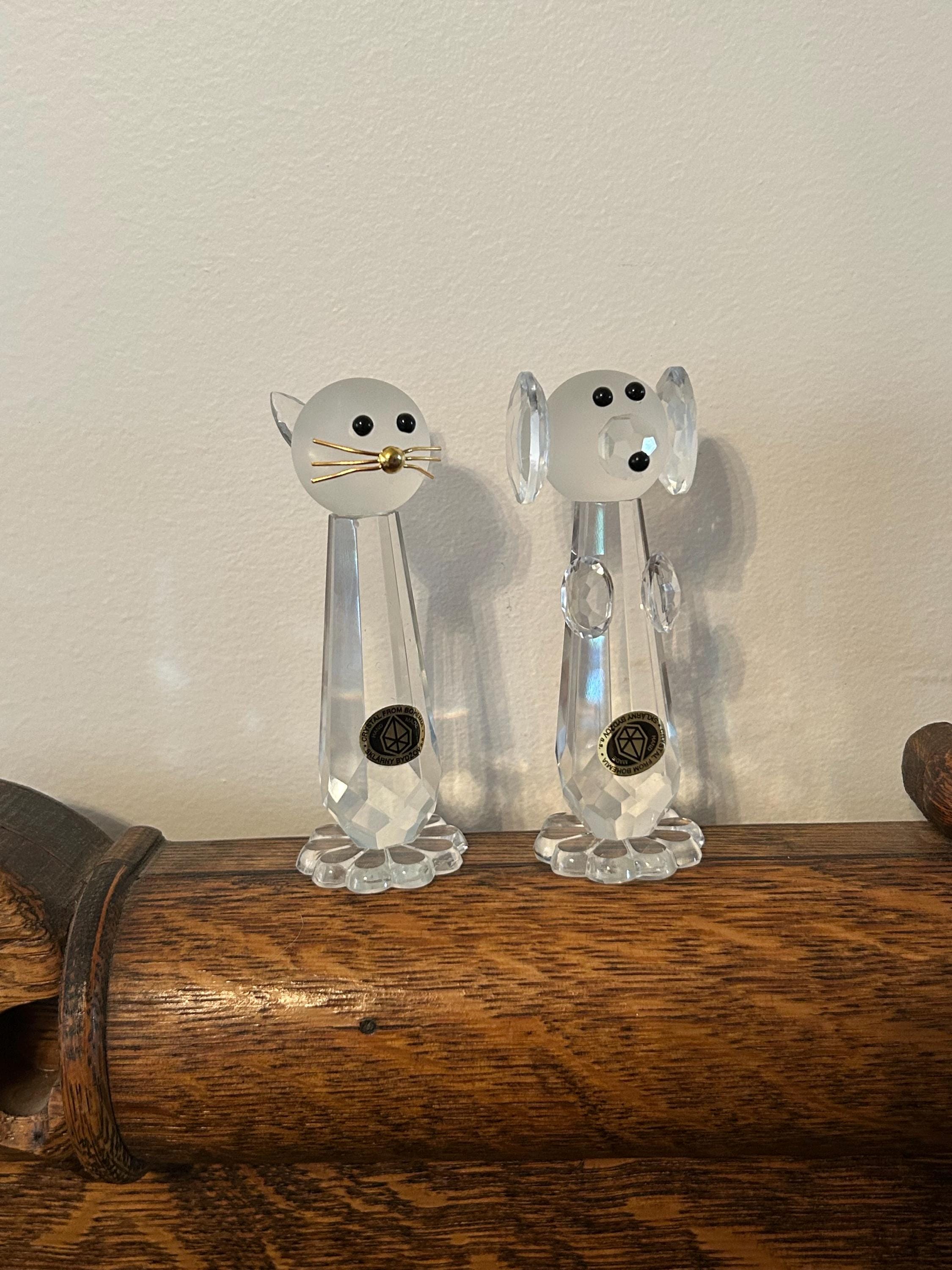 Vintage Crystal Glass Dog & Cat Sklarny Bydzov Bohemia Art Hand
