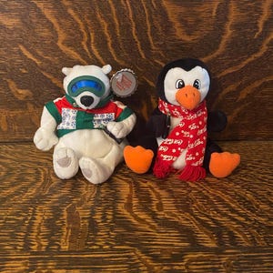 Vintage Coca Cola Plush Bean Bag Toys Set Of 2 Teddy Bear & Penguin Stuffed Animals