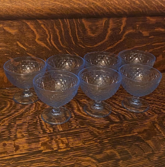 90's IKEA Blue Glass Footed Ice Cream Bowls - Set of 7 Glass Goblets - Vintage Dessert Bowls - Berry Dishes - Diamond Cut Italian Glassware