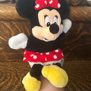Pu&ograve; includere: Un peluche di Minnie Mouse. Il peluche ha un corpo nero, orecchie e un fiocco rosso a pois bianchi. Indossa una gonna rossa a pois bianchi e scarpe gialle. Il giocattolo &egrave; tenuto in mano da una persona.