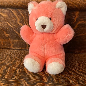 Può includere: Un orsacchiotto di peluche rosa con dettagli bianchi sulle orecchie, le zampe e il viso. L'orso ha un naso marrone e occhi neri.