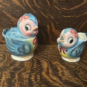 Vintage Geo Z Lefton 7170 Bird Of Happiness Anthropomorphic ESD Bluebird Creamer & Sugar Bowl MCM Kitsch Kitchen