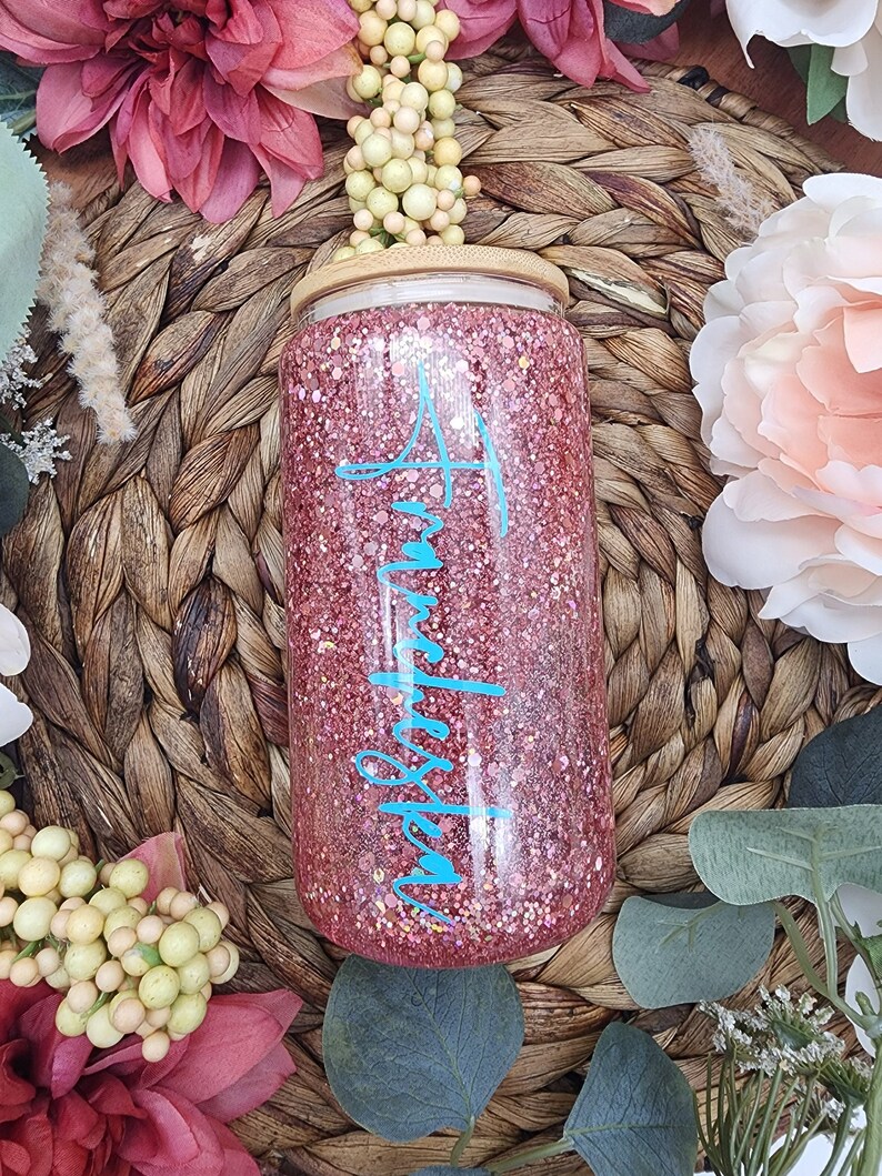 Rose Gold Snow Globe Tumbler With Name Dark Pink Glitter Snow Etsy