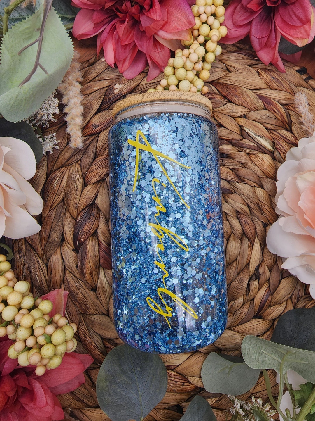 Blue Snow Globe Tumbler With Name, Sapphire Glitter Snow Globe Glass