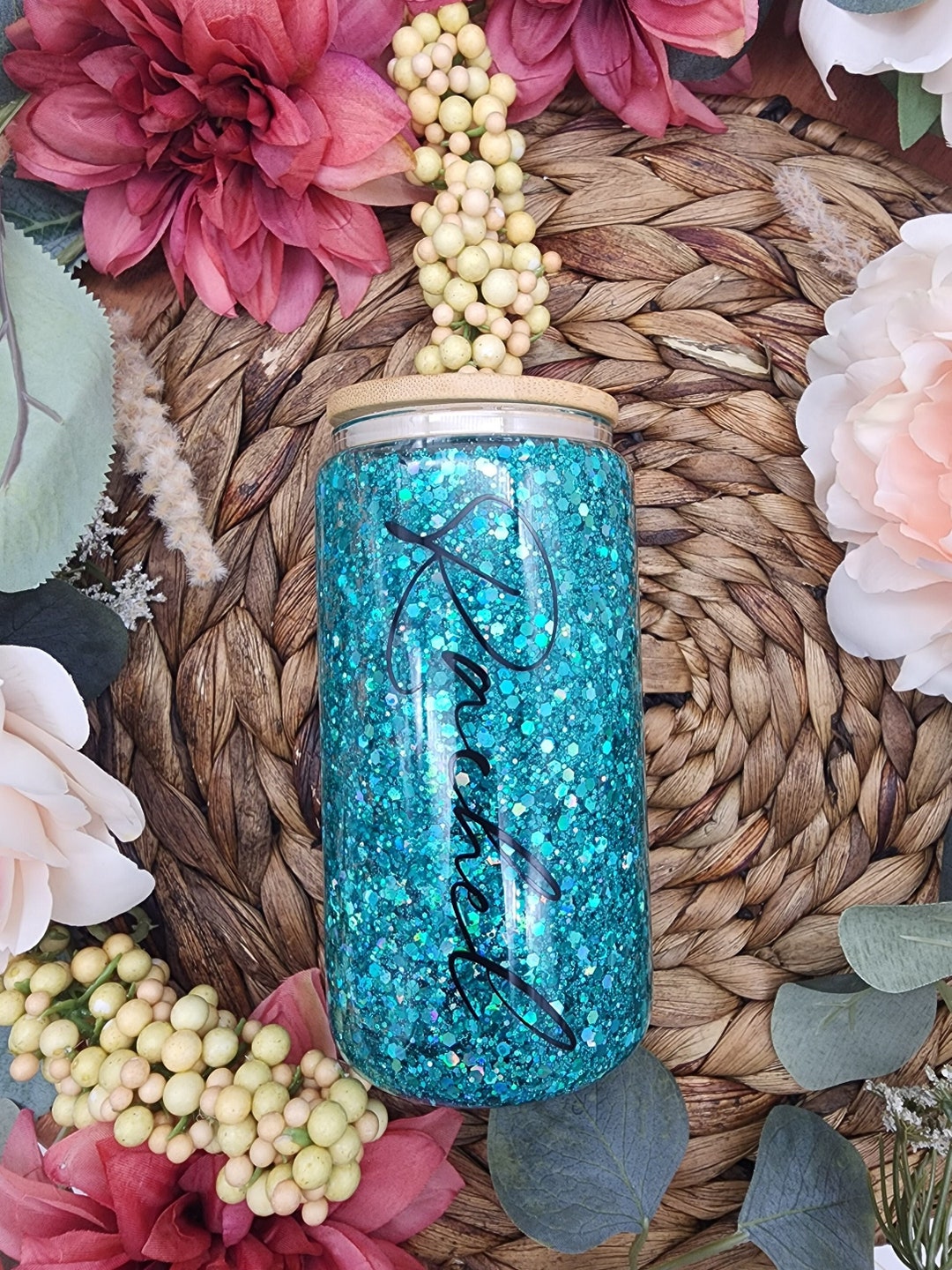 Teal Snow Globe Tumbler With Name, Peacock Glitter Custom Snow Globe