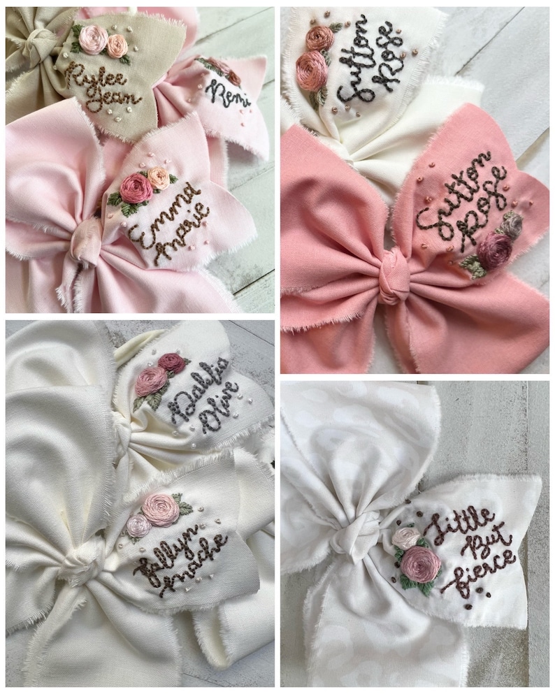 Hand Embroidered Bow, Custom Name Bows, Name Gift For Kids, Personalized Bow, Baby Shower Gift, First Birthday, Baby Headbands, Spring Bow image 3