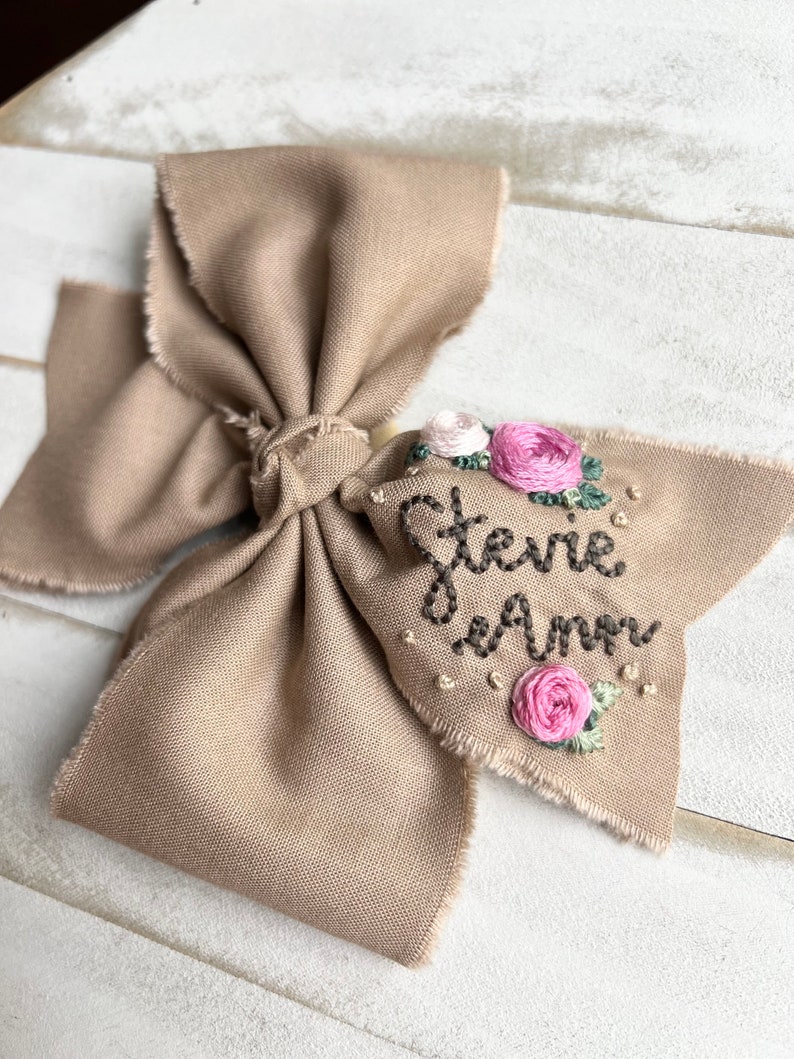 Hand Embroidered Bow, Custom Name Bows, Personalized Bow, Baby Shower Gift, First Birthday Bow, Baby Headbands, Fall bow, Name Gifts For Kid image 3