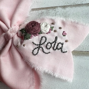 Hand Embroidered Bow, Custom Name Bow, Name Gift For Kids, Personalized Bow, Baby Shower Gift, First Birthday Bow, Baby Headband, Spring Bow image 1