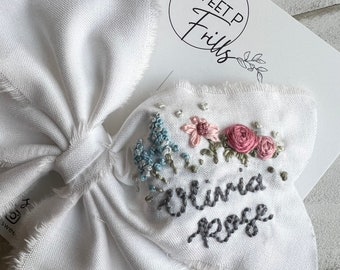 Hand Embroidered Name Bow, Spring Bow, Easter, Personalized Gift, Baby Shower Gift, First Birthday Bow, wildflower Bow, Name Gifts For Kids