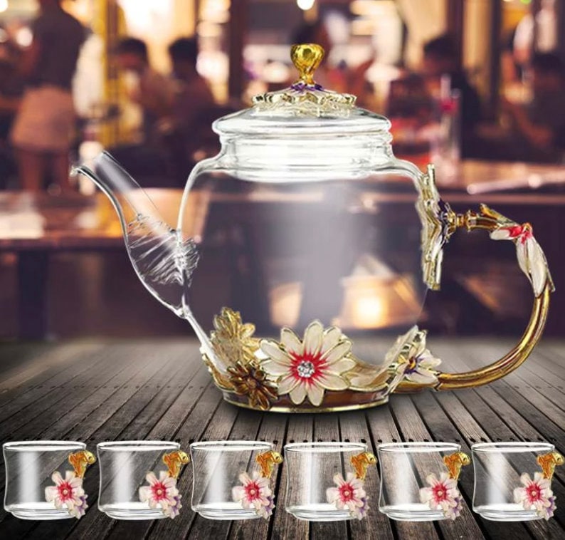 Floral Glass Tea Set 7 Pcs Gift Box Tea Cup and Mugs Etsy