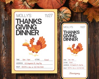 May include: Thanksgiving dinner invitation with a cartoon turkey holding a pie. The invitation is on a yellow background with the text "Molly's Thanksgiving Dinner" and event details. A smartphone displays the same invitation.