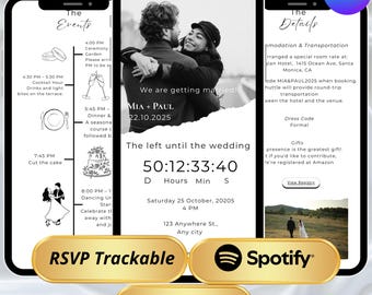 Digitale Hochzeitseinladung Vorlage, Countdown für Hochzeitseinladung, Countdown und die Playlist (Canva)