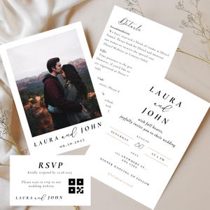 Conjunto de invitaciones de boda y plantilla de cartel de bienvenida, paquete de plantillas de invitación de boda minimalistas, conjunto de invitaciones con tarjeta RSVP con código QR