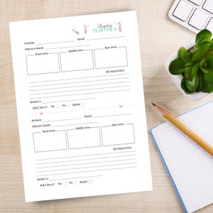 Könnte beinhalten: Ein weißes Blatt mit Feldern für die Parfümprobe, einschließlich Abschnitten für Parfüm, Marke, Noten und Eindrücke. Der Text "Sampling PERFUMES" steht oben. Ein Bleistift, ein Notizblock, eine Tastatur und eine Pflanze befinden sich im Hintergrund.