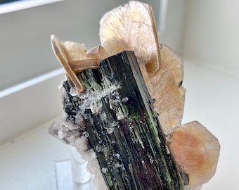 May include: A black, green, and brown tourmaline crystal cluster with a large, central, vertical tourmaline crystal. The cluster is surrounded by smaller, translucent, peach-colored crystals. The cluster is mounted on a clear acrylic stand.