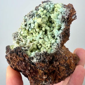 May include: A rough, brown rock formation with a cavity filled with clusters of pale green and blue-green crystals. The rock has a textured surface and is held in a hand, showcasing the natural mineral specimen.