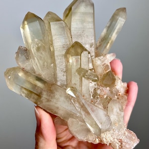 May include: A cluster of quartz crystals in shades of light brown. The crystals have sharp, pointed tips and vary in size. The base of the cluster has a rough, textured appearance.