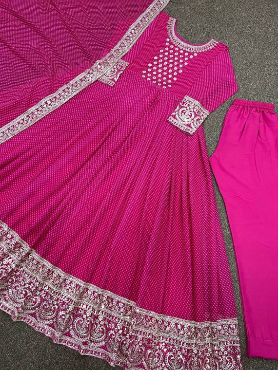 Buy Rani Pink Foil Work Georgette Gown Online At Zeel Clothing