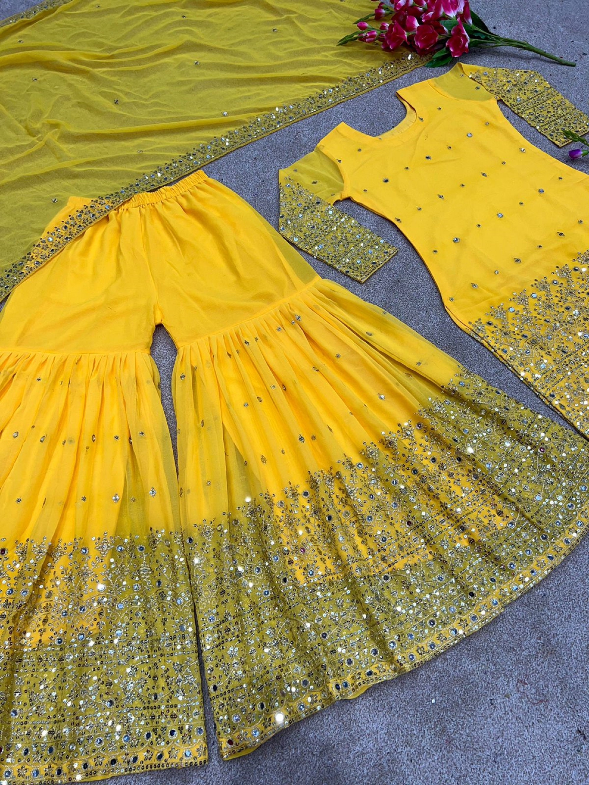 Yellow Sharara Suit for Women Mirror Work Indian Dress Kurti Etsy