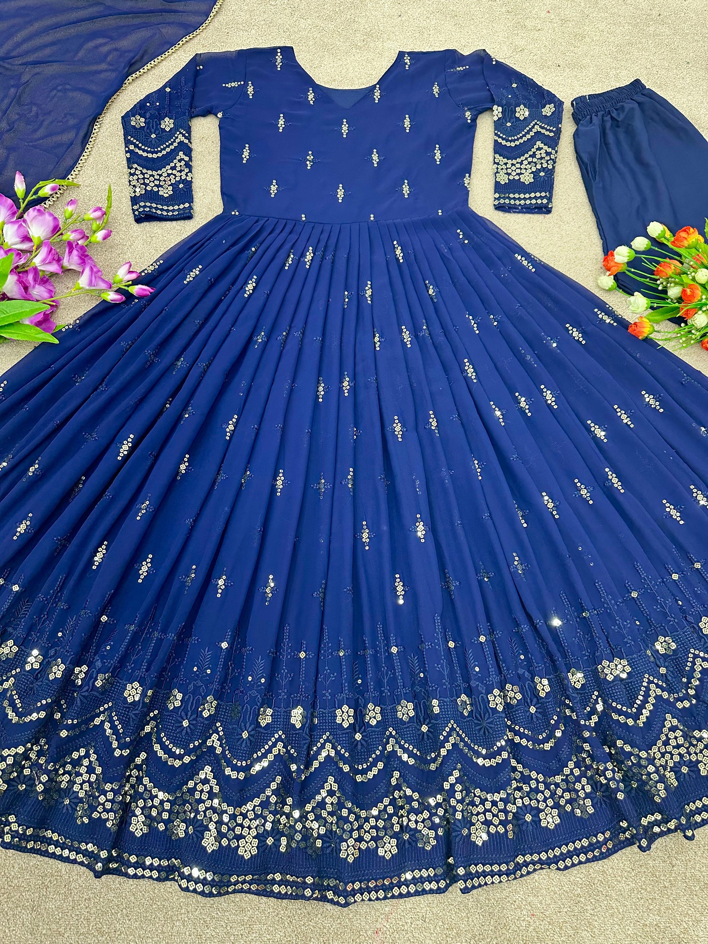 Designer Blue Color Net Fabric Gown For Girls