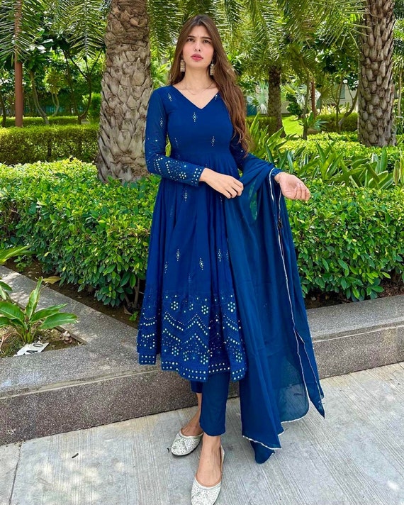 Royal Blue Banarasi Silk Anarkali Dress (FW) – ekantastudio